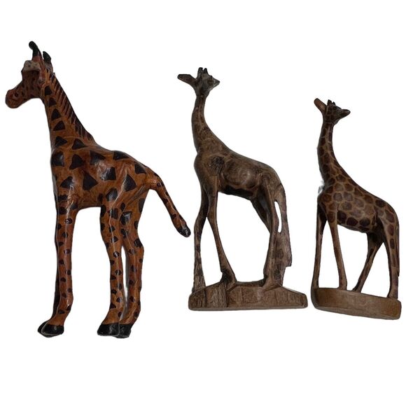 Vintage Trio Giraffes Leather Wrapped Hand Carved Wooden Shelf Sitters Bookcase‎ - Picture 3 of 8